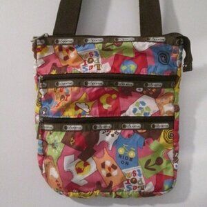 LeSportsac 3 Zipper Crossbody Bag Multicolor Ride on Earth Day Tee Print 10"x11"